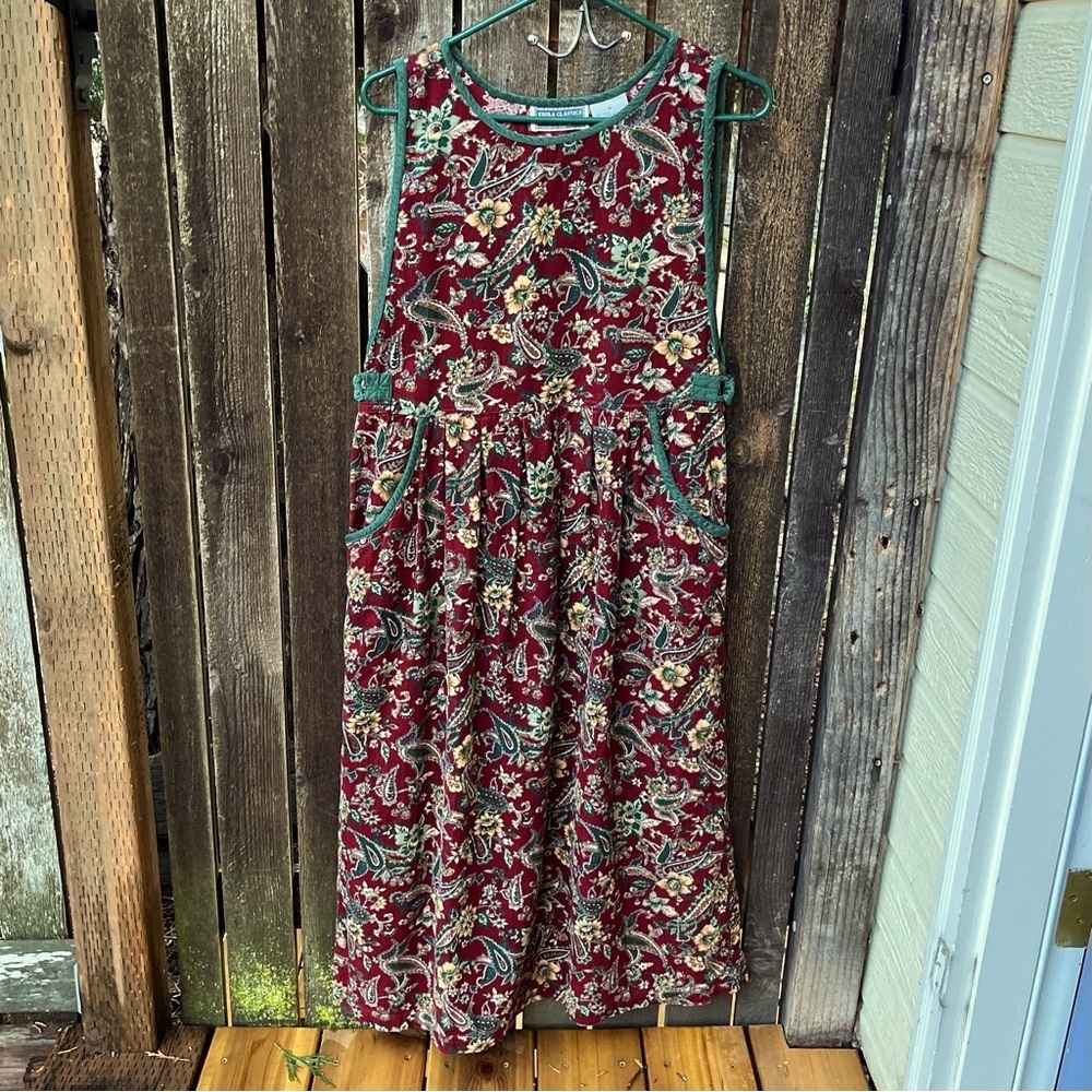 Erika Classics Vintage Y2K Floral Corduroy Smock Pinafore Dress Sz M